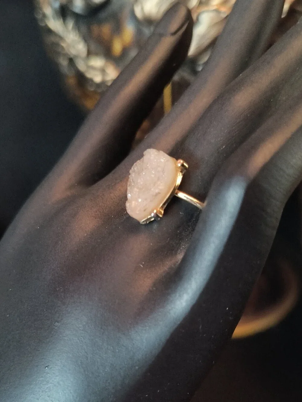 Rose Quartz Teardrop Druzy Ring - Gold Tone
